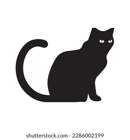 Black silhouette of cat sitting sideways isolated on white background. Vector illustration, icon, clip art 