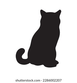 Black silhouette of cat sitting sideways isolated on white background. Vector illustration, icon, clip art 