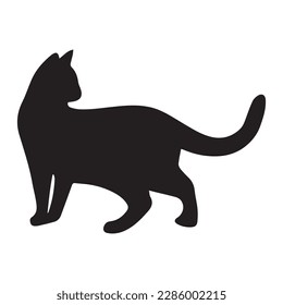 Black silhouette of cat sitting sideways isolated on white background. Vector illustration, icon, clip art 