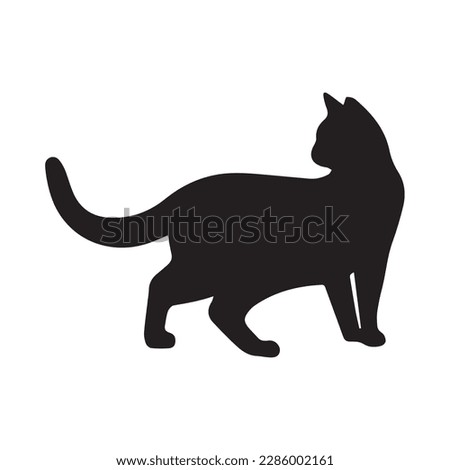 Black silhouette of cat sitting sideways isolated on white background. Vector illustration, icon, clip art 