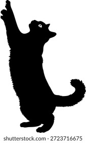 Silueta negra del gato que se coloca en las patas traseras que alcanzan hacia arriba con la pata delantera levantada en fondo transparente