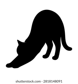 Black silhouette of a cat stretching with arched back and extended front legs, isolated on a plain white background, emphasizing feline flexibility and posture.
