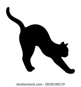Black silhouette of a cat stretching with arched back and tail raised, isolated on a white background, showcasing feline flexibility and grace.