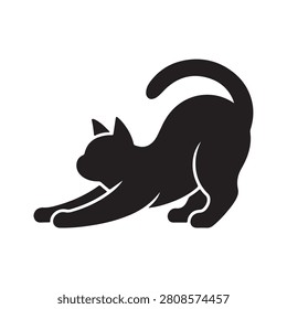 A black silhouette of a cat in a stretching pose. The is isolated on a white background and captures the feline behavior of stretching, rendered in a clean, flat style.