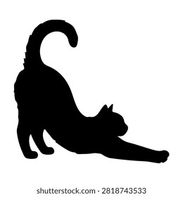 Black silhouette of a cat stretching and relaxing with a curved tail, showcasing feline grace and calmness against a plain background.