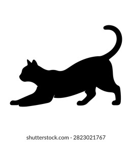 Black silhouette of a cat stretching with tail curved, showcasing feline agility and flexibility in a dynamic pose.
