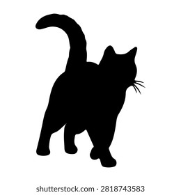 Black silhouette of a cat with tail raised, walking confidently, showcasing feline curiosity and agility, on a plain white background.