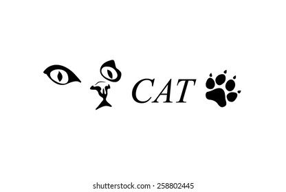 Black silhouette of cat. Vector illustration. Paw Print trail
