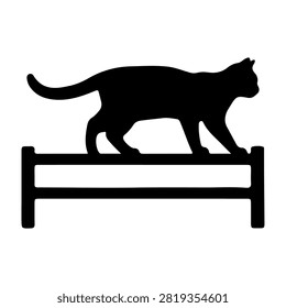 Black silhouette of a cat walking along a horizontal fence, emphasizing feline agility and curiosity in a minimalistic style.