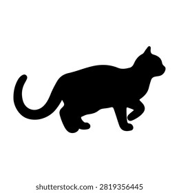 A black silhouette of a cat walking, captured in profile against a plain white background, emphasizing the felines graceful posture and tail.