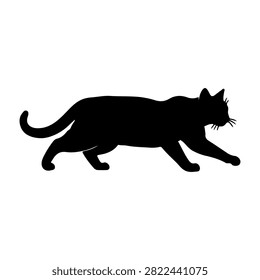 A black silhouette of a cat walking, capturing the graceful and agile movement of the feline in profile view.