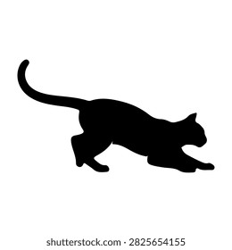 Black silhouette of a cat walking with a curved tail, showcasing agility and grace, set against a plain background.