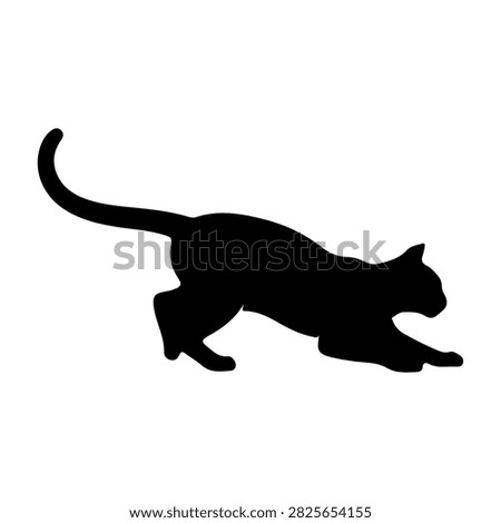 Black silhouette of a cat walking with a curved tail, showcasing agility and grace, set against a plain background.