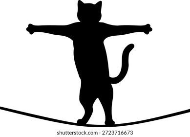 Silueta negra de un gato caminando sobre una cuerda floja y manteniendo el equilibrio con sus patas delanteras sobre un fondo transparente