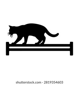 A black silhouette of a cat walking on a flat platform, emphasizing feline agility and curiosity in a minimalistic style.