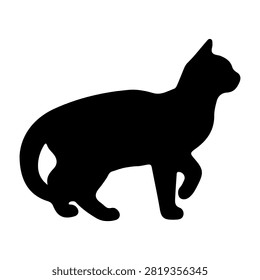 Black silhouette of a cat in a walking pose, showcasing feline curiosity and agility, set against a plain white background.