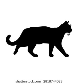 Black silhouette of a cat walking in profile, showcasing its tail and whiskers, set against a plain white background for a clean, minimalistic look.