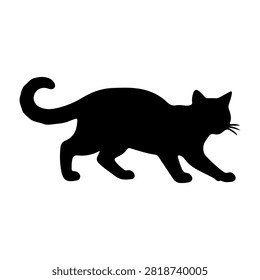 A black silhouette of a cat walking, showcasing feline grace and agility in a simple, clean design.