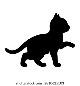 A black silhouette of a cat walking with tail curled, showcasing feline elegance and agility against a plain white background.