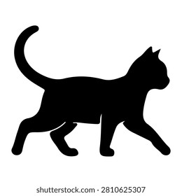 Black silhouette of a cat walking with tail curved upwards, showcasing feline grace and agility in a simple, minimalistic style.