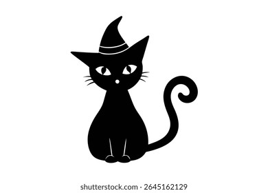 Black silhouette of a cat wearing a witch's hat against a white background vector illustration simple graphic style