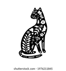 Black silhouette of cat with white floral elements. Vector illustration in linocut style. 