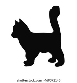 Black silhouette of a cat who sits on a white background.