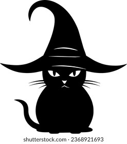 Black silhouette of cat in witch hat sitting sideways isolated on white background. Vector illustration, icon, clip art.