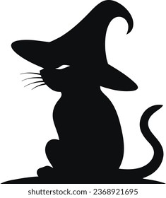 Black silhouette of cat in witch hat sitting sideways isolated on white background. Vector illustration, icon, clip art.