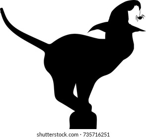 Black silhouette of cat in witch hat sitting on chimney isolated on white background. Vector illustration, icon, clip art. 
