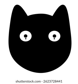 A black silhouette of a cat's head with wide, round white eyes and small black pupils on a white background