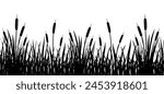 Black silhouette of cattail border in tall grass. Seamless reed border. Swamp grass for design.