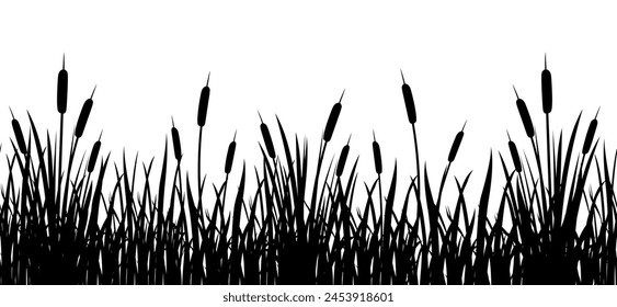 Black silhouette of cattail border in tall grass. Seamless reed border. Swamp grass for design.