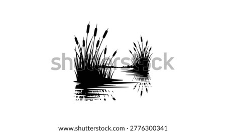 a black silhouette of cattails growing in a body of water