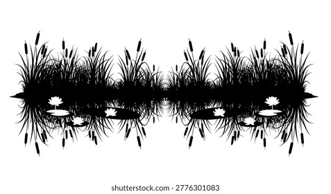 A black silhouette of cattails reflected on water surface