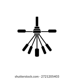 Schwarze Silhouette eines Deckenventilators mit fünf Klingen auf weißem Hintergrund.