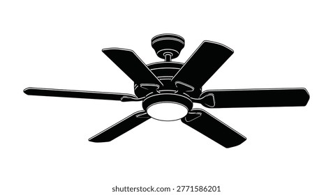 a black silhouette of a ceiling fan with five blades and a central light fixture, isolated on a white background. high-quality professional detailed modern