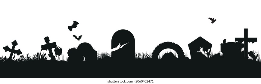Black silhouette of cemetery elements with gravestones and crosses. Panorama of a cemetery with monsters. Vector illustration. EPS10