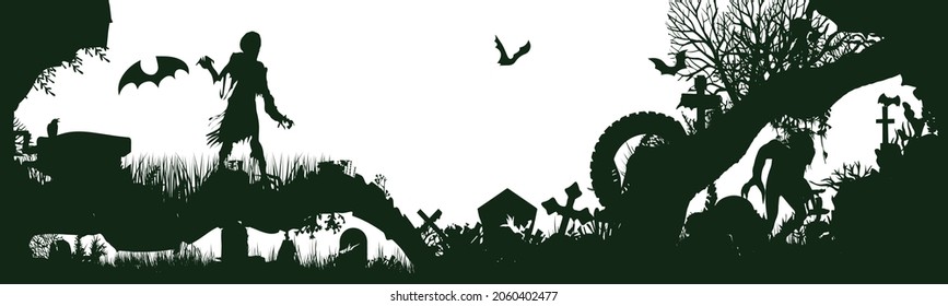 Black silhouette of cemetery elements with gravestones and crosses. Panorama of a cemetery with monsters. Vector illustration. EPS10