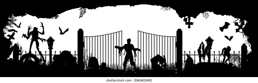 Black silhouette of cemetery elements with gravestones and crosses. Panorama of a cemetery with monsters. Vector illustration. EPS10