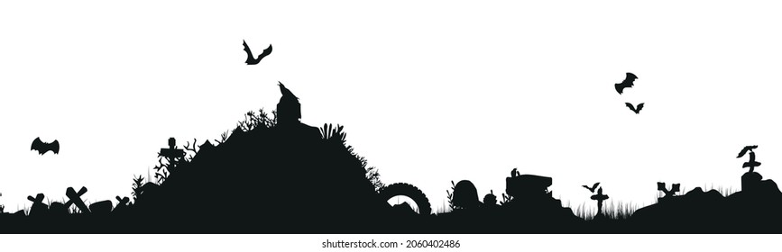 Black silhouette of cemetery elements with gravestones and crosses. Panorama of a cemetery with monsters. Vector illustration. EPS10