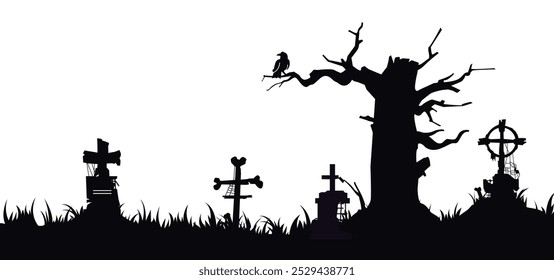 black silhouette cemetery illustration with trees, tombstones, crosses and gravestones. cemetery panorama