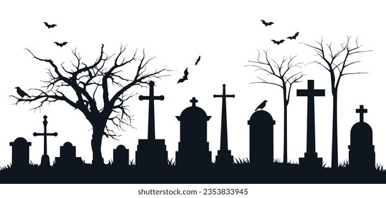 Black silhouette of cemetery with tombstones, crosses, gravestones, crows, bats and trees. Elements of cemetery. Graveyard panorama. Halloween concept. Vector stock