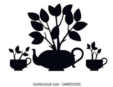 Black silhouette ceramic teapot and two cup with tea bush growing out of it flat vector illustration on white background