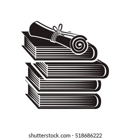 black silhouette certicate cap with stacked books