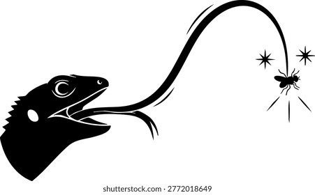 Black silhouette of a chameleon head with its long tongue extended to catch a flying insect. Simple graphic element featuring stylized lizard and prey for creative projects.