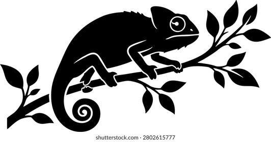 A black silhouette of a chameleon lizard perched on a branch with leaves. This minimalist vector graphic is suitable for logos, nature-themed designs, and conservation concepts.