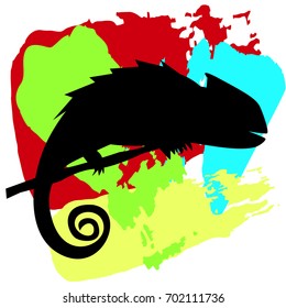 Black silhouette of chameleon on the branch on colorful background. Lizard on rainbow background. Vector illustration