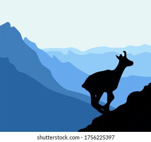 Black silhouette of chamois, jumping up the hill. Mountains in the background. Vector illustration.