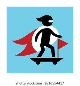 Black silhouette character with a red cape riding a skateboard with a flag on a light blue background
